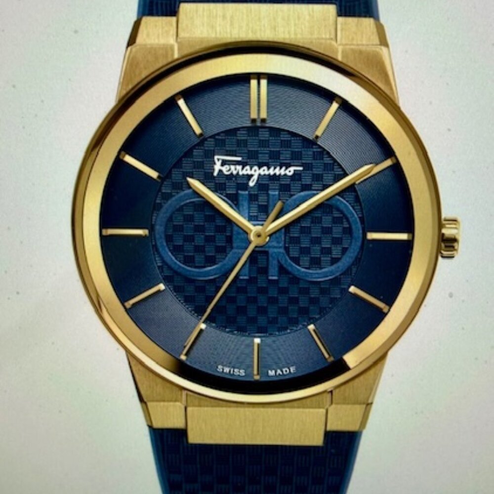 Ferragamo Authentic Mens  Gold 41mm Strap Fashion Watch, Box, Tags, Excellent!